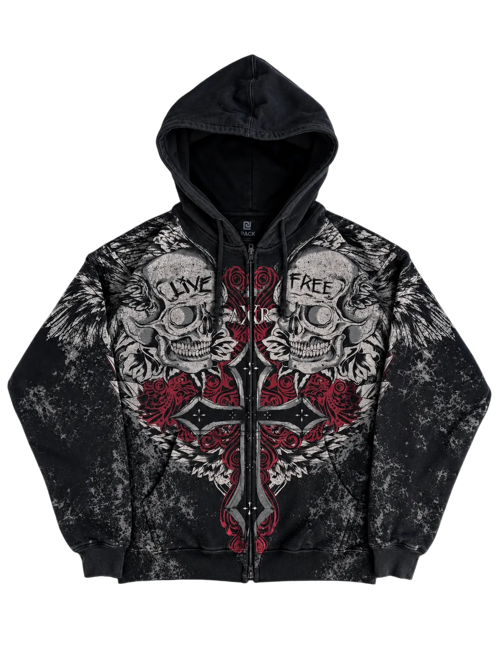 LIVE FREE SKULL CROSS ZIP HOODIE
