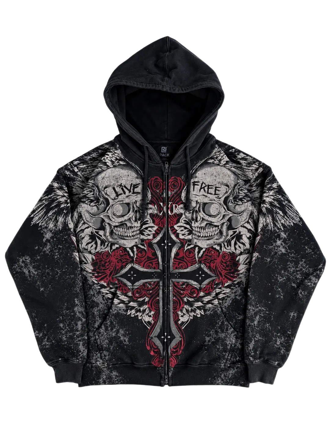 LIVE FREE SKULL CROSS ZIP HOODIE